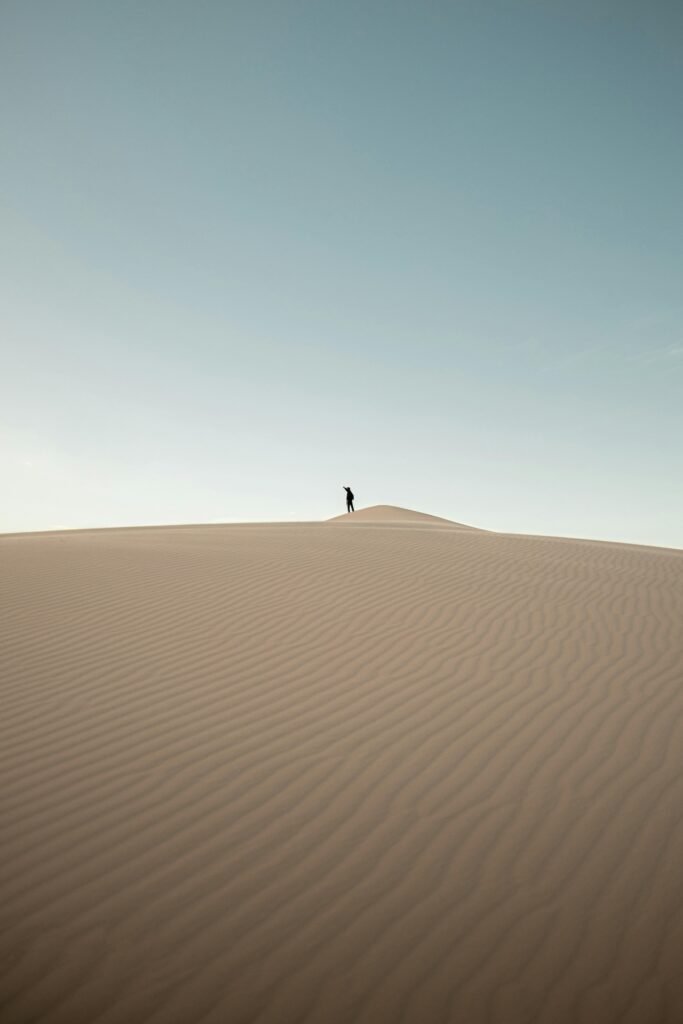 A solitary figure atop the Samalayuca dunes under a vast desert sky.